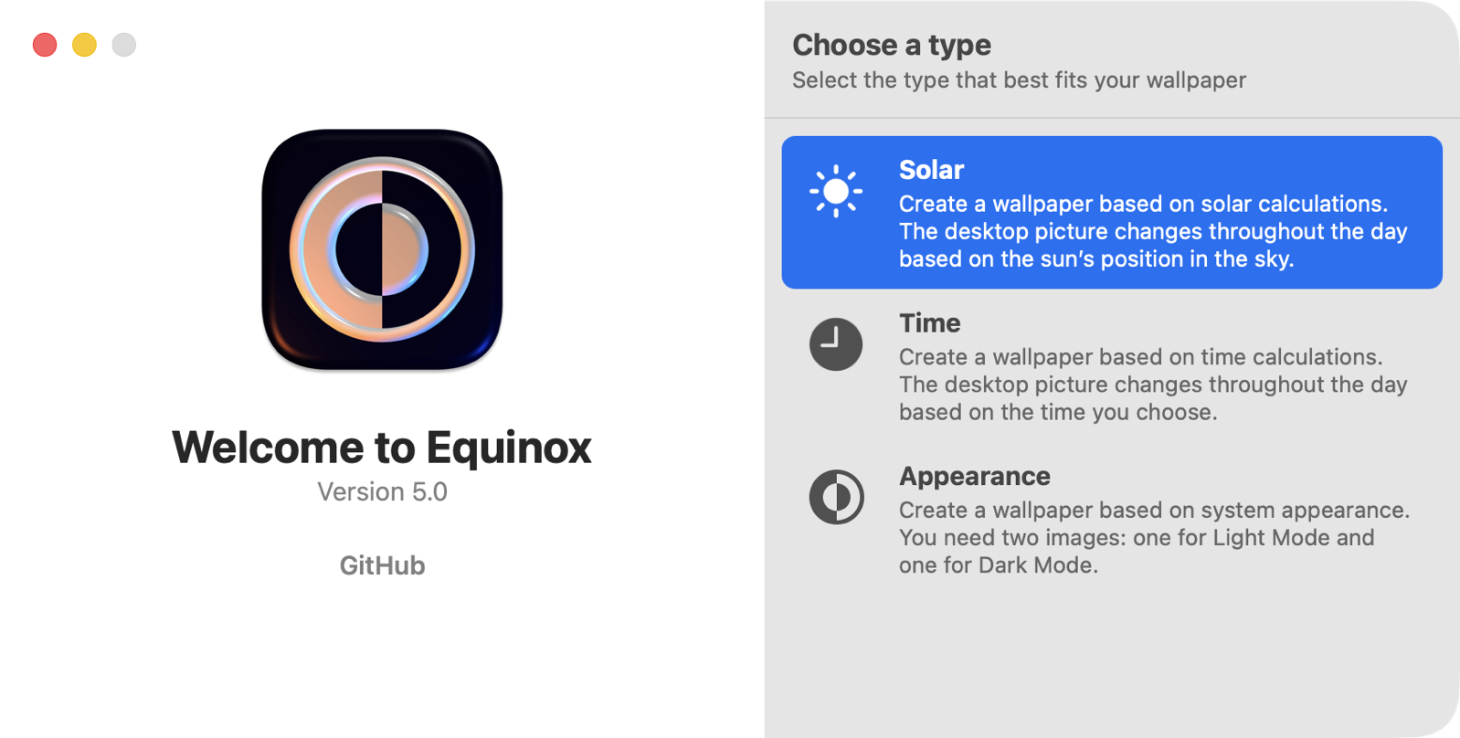 Equinox window showing the three type choices about to be described solar, time, and appearance