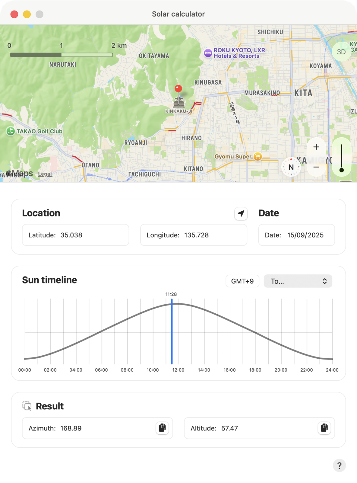 Solar calculator with a pin on a map, lat and long location values, date, a time zone dropdown, a graph of the sun, and then the calculated result.