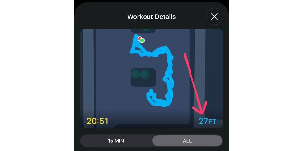 Workout App showing path i walked but only 27 feet of credit