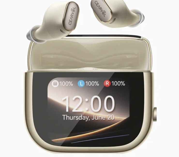 Close-up product image of a pair of beige Cearvol wireless ear buds hovering above an open charging case. The case has a glossy screen on the front displaying the time “12:00,” the date “Thursday, June 20,” and battery levels at 100% for the case and both left and right earbuds. The earbuds are labeled “Cearvol,” and the case lid is open, revealing molded slots inside.