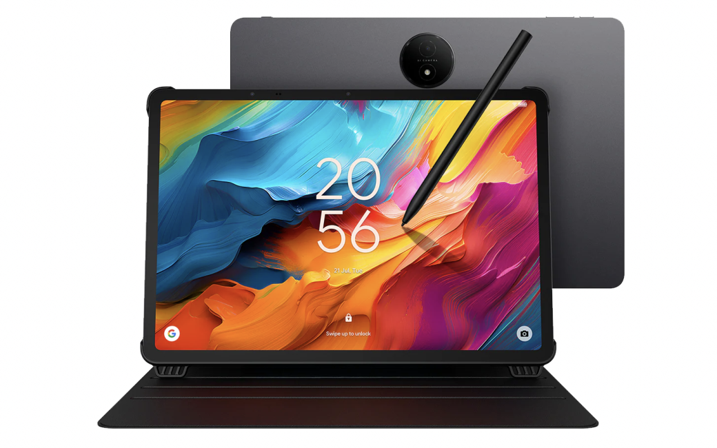 Front and back view of a dark gray TCL tablet with a colorful abstract home screen, shown in a folio stand with a black stylus resting diagonally across the display.