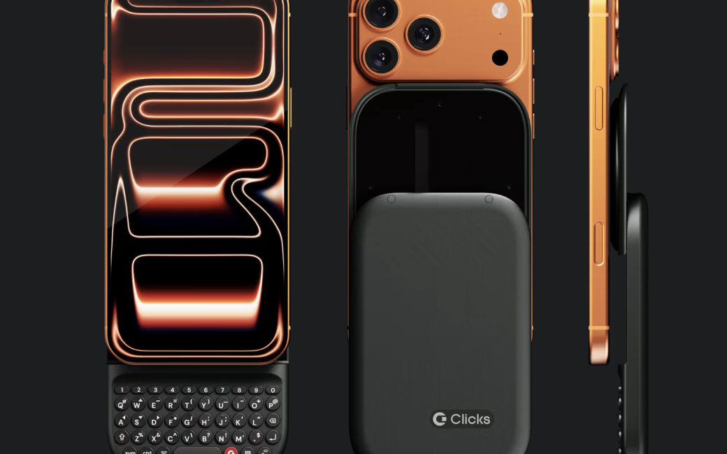 Product render showing an orange iPhone 17 Pro attached to a black Clicks slide‑out keyboard with physical keys combined with a MagSafe-style battery pack, with front, back, and side views against a dark background.