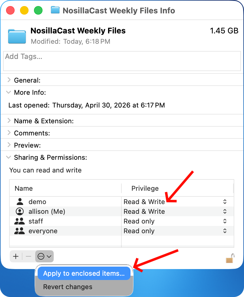 Apply permissions changes to enclosed items in folder.