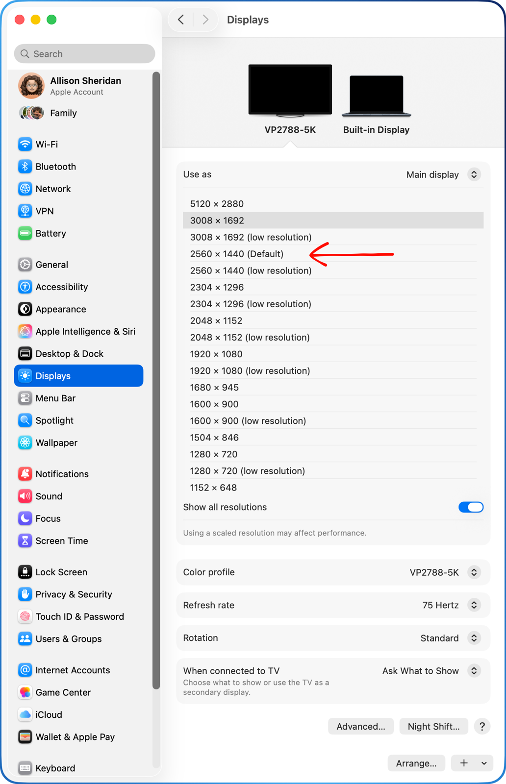 Available display resolustions on the 5K Viewsonic display.png Available display resolustions on the 5K Viewsonic display. I run it at 3008 x 1692 but 2560 x 1440 is the default