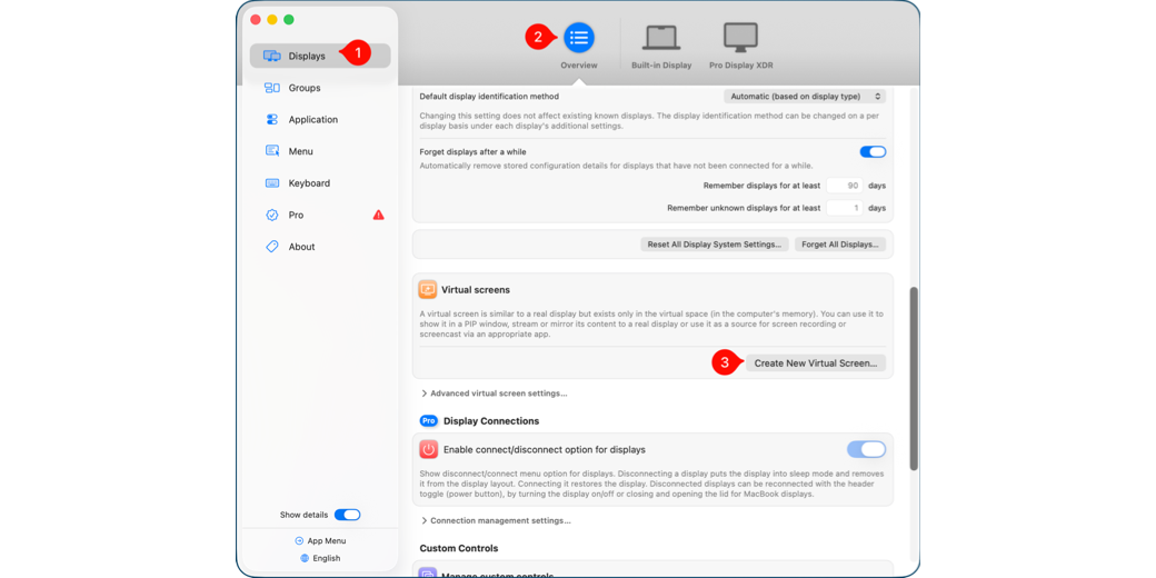 BetterDisplay settings highlighting how to get to create new virtual screen