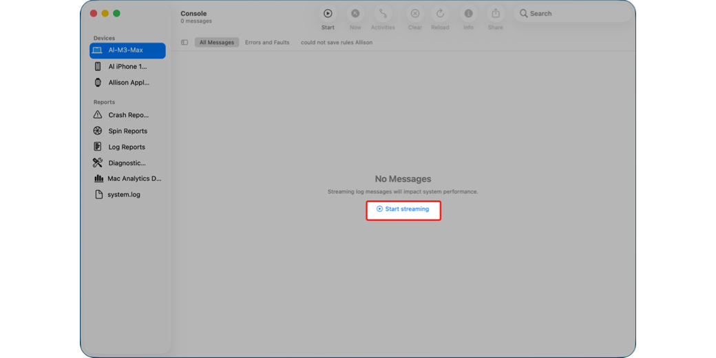 Console app highlighting my Mac and the start streaming button