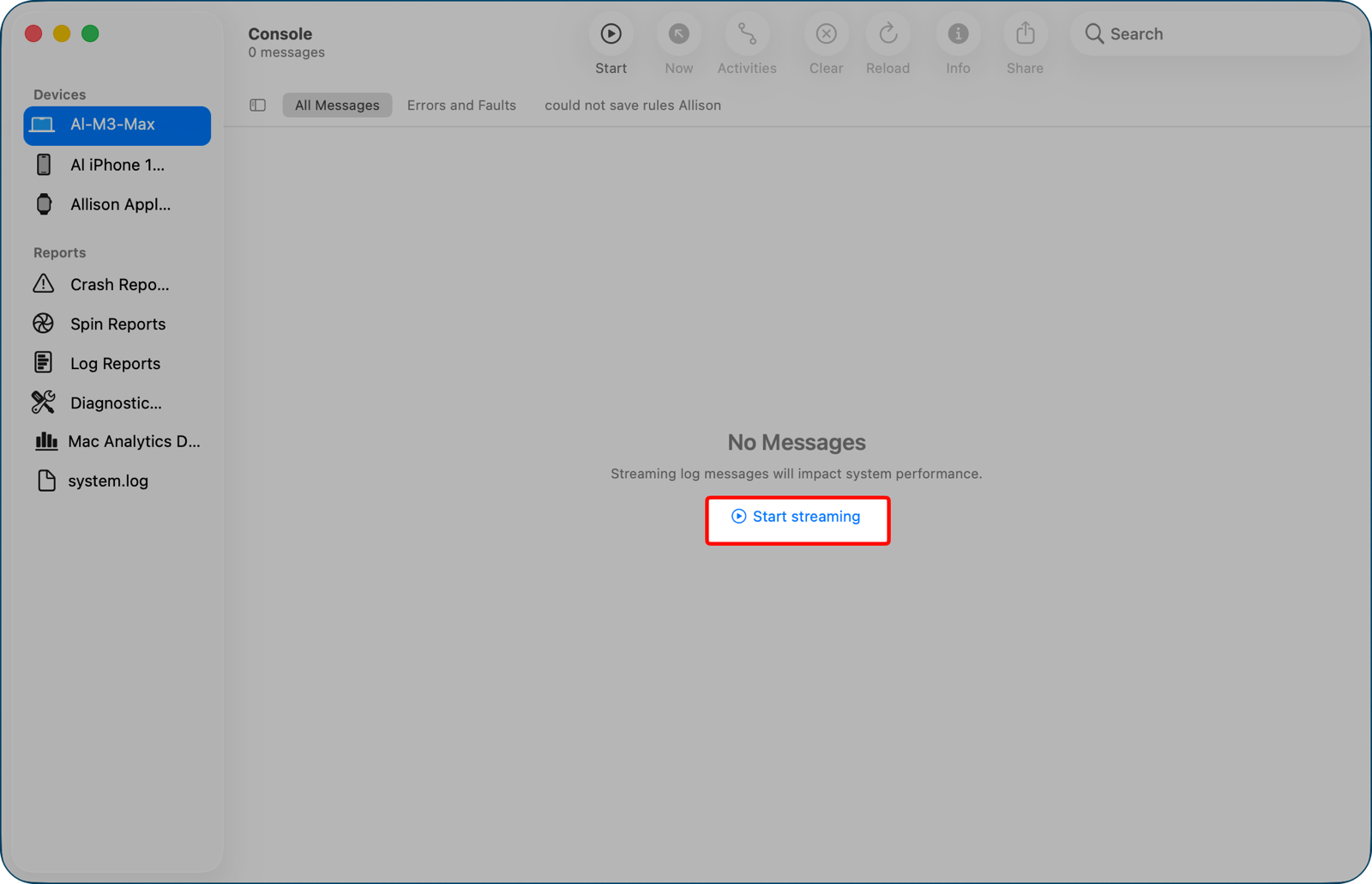 Console app highlighting my Mac and the start streaming button.