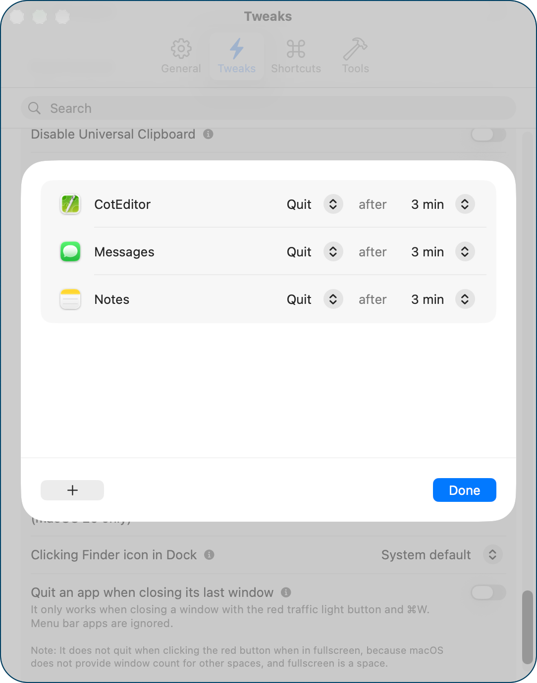 CotEditor Messages Notes in list of apps to quit at 3 min of inactivity.
