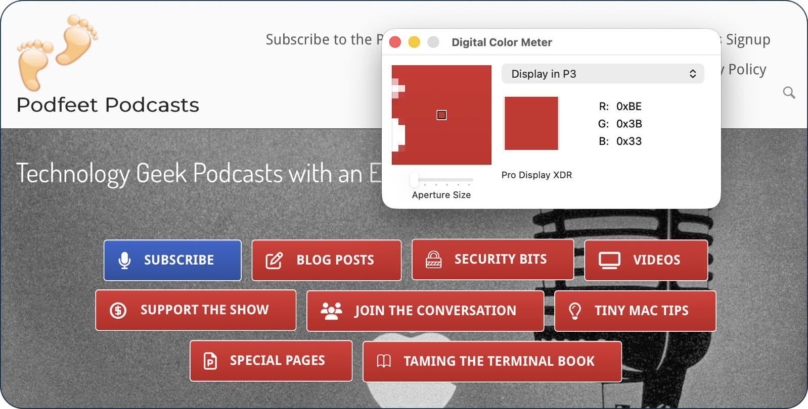 Digital Color Meter pointing at red buttons on Podfeet and showing hex codes.