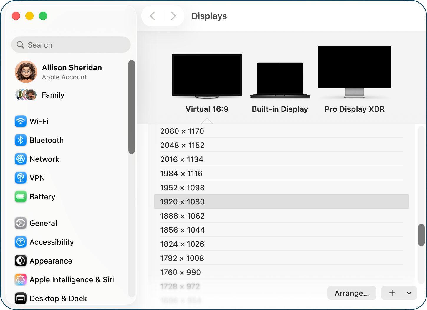 Displays Settings showing virtual 16x9 display set to 1920x1080.png Displays Settings showing virtual 16x9 display set to 1920x1080.
