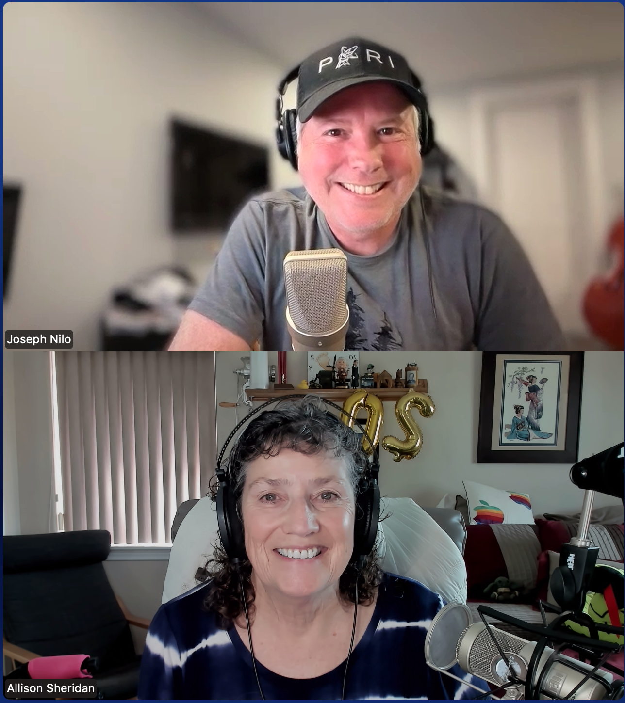 two images combined - Joseph wearing a baseball hat with a big grin on his face and a mic in the foreground and below that Allison also grinning wearing headphones with a mic in the foreground. the vibe is super friendly and happy