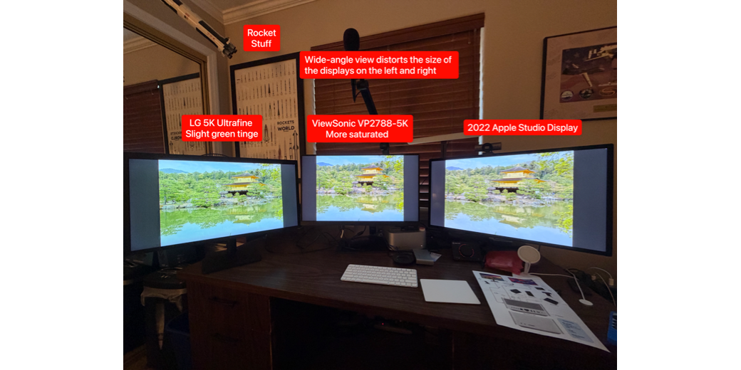 Kinkaku-ji Buddhist Temple on all 3 displays annotated to tell you which display is which