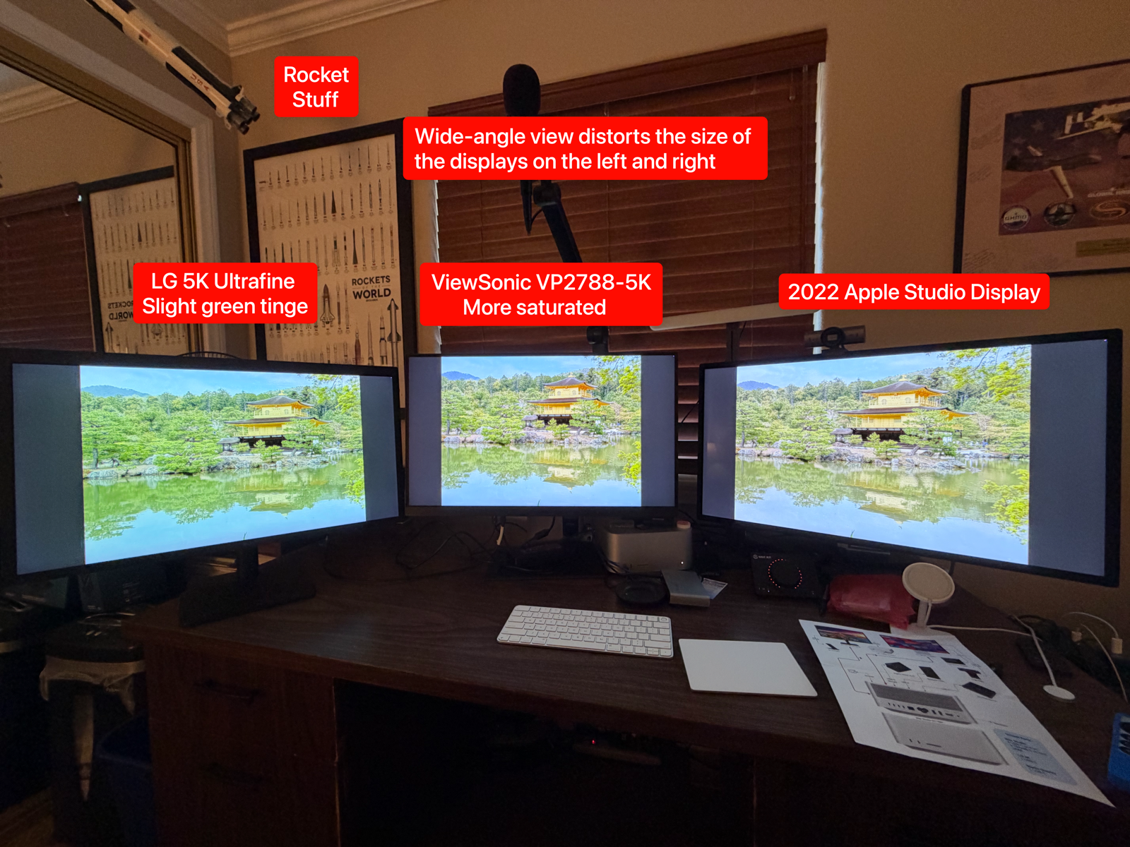 Kinkaku-ji Buddhist Temple on all 3 displays annotated.png Kinkaku-ji Buddhist Temple on all 3 displays. depending on the display the user is using they might be able to tell the LG is greener and the ViewSonic is more saturated