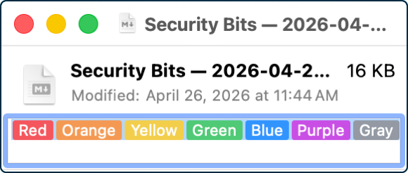 Security Bits Get Info showing 7 color tags at the top.