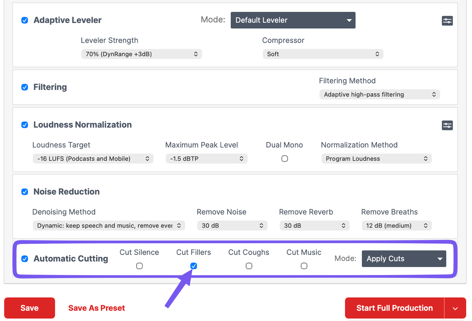auphonic automatic cutting - cut fillers.png Auphonic automatic cutting with an arrow pointing at cut fillers.