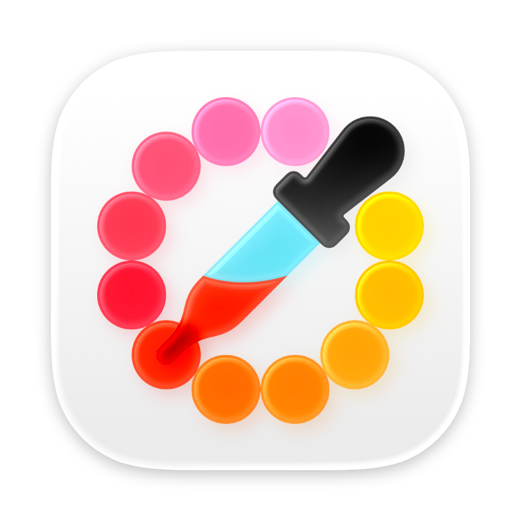 Digital color meter icon with blobs of color in a circle and an eye dropper in the middle.