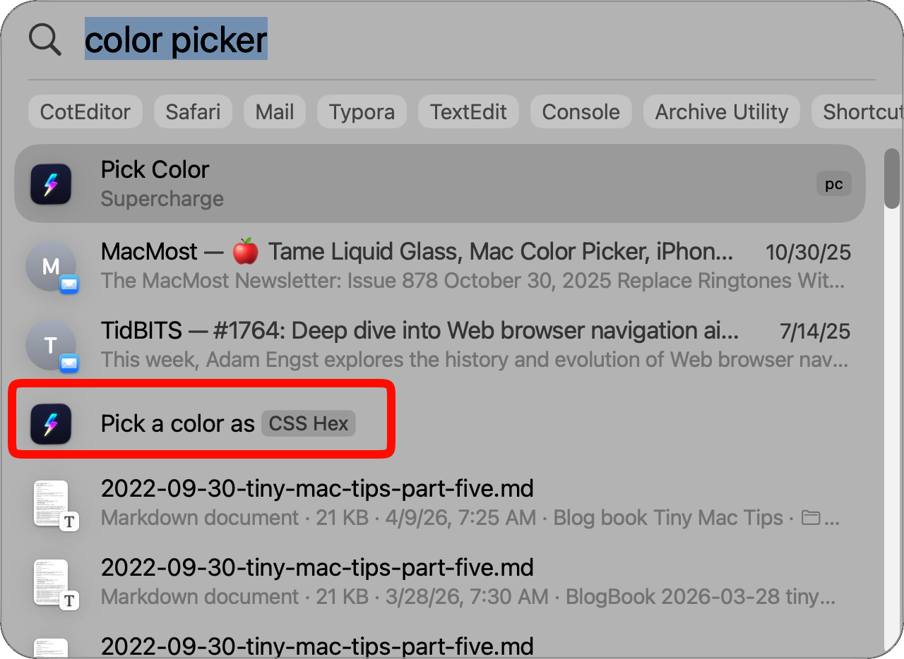 Searching for color picker with spotlight finds two Supercharge apps.