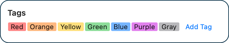 Tags in Finder showing all 7 colored tags applied - very pretty effect except for gray.