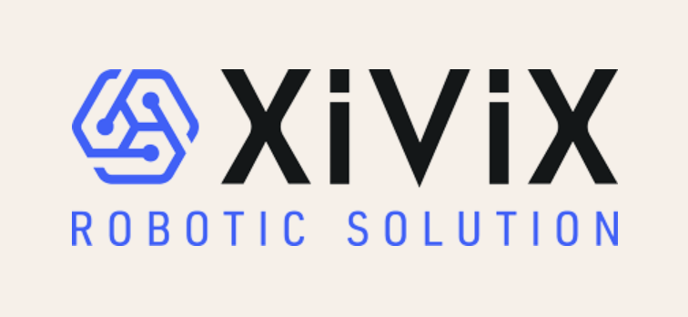 Logo reading “XiViX Robotic Solution.” To the left is a blue hexagonal icon containing a stylized circuit/robotic network design. To the right, “XiViX” appears in large black letters, with “ROBOTIC SOLUTION” in smaller blue uppercase text below. Background is light beige.