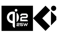 Black and white logo showing the “Qi2 25W” wireless charging mark on the left and the angular “Ki” cordless kitchen symbol on the right with a stylized capital K and lower case i.