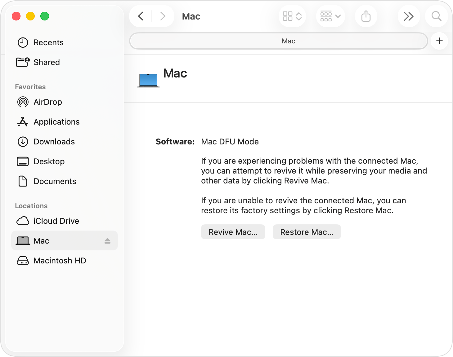 DFU restore window on unaffected Mac.