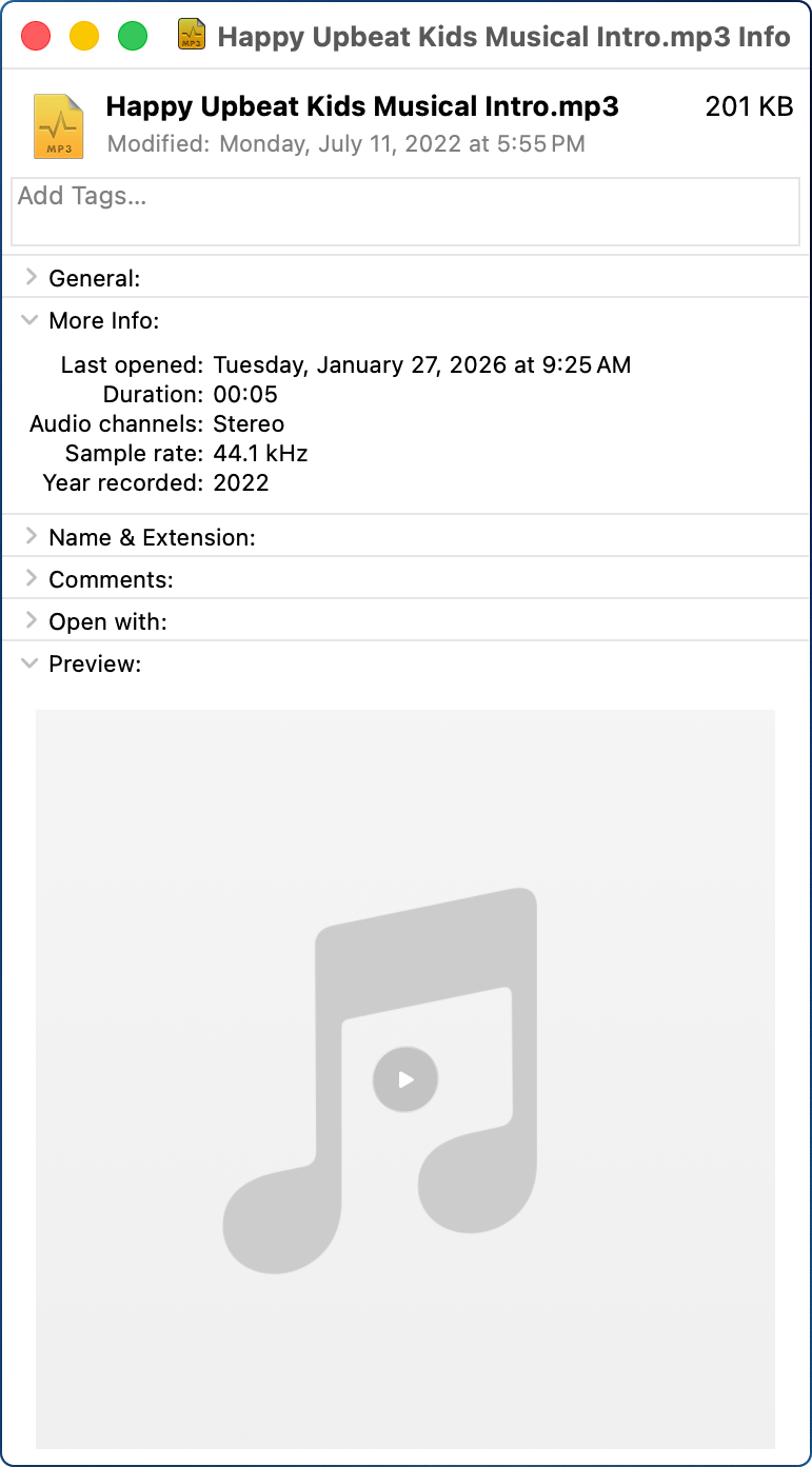 Get Info on mp3 file showing an audio player in Preview section. I chose Happy Upbeat Kids Musical Intro which is my bumper music between segments