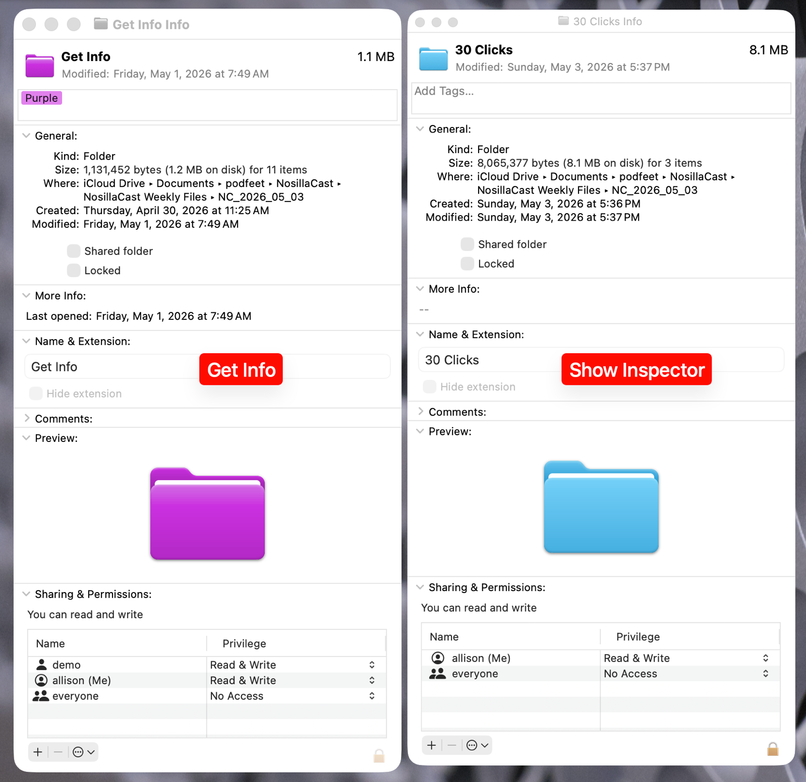 Get Info on the left Show Inspector on the right.