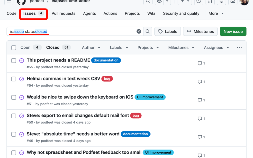GitHub project showing my closed issues