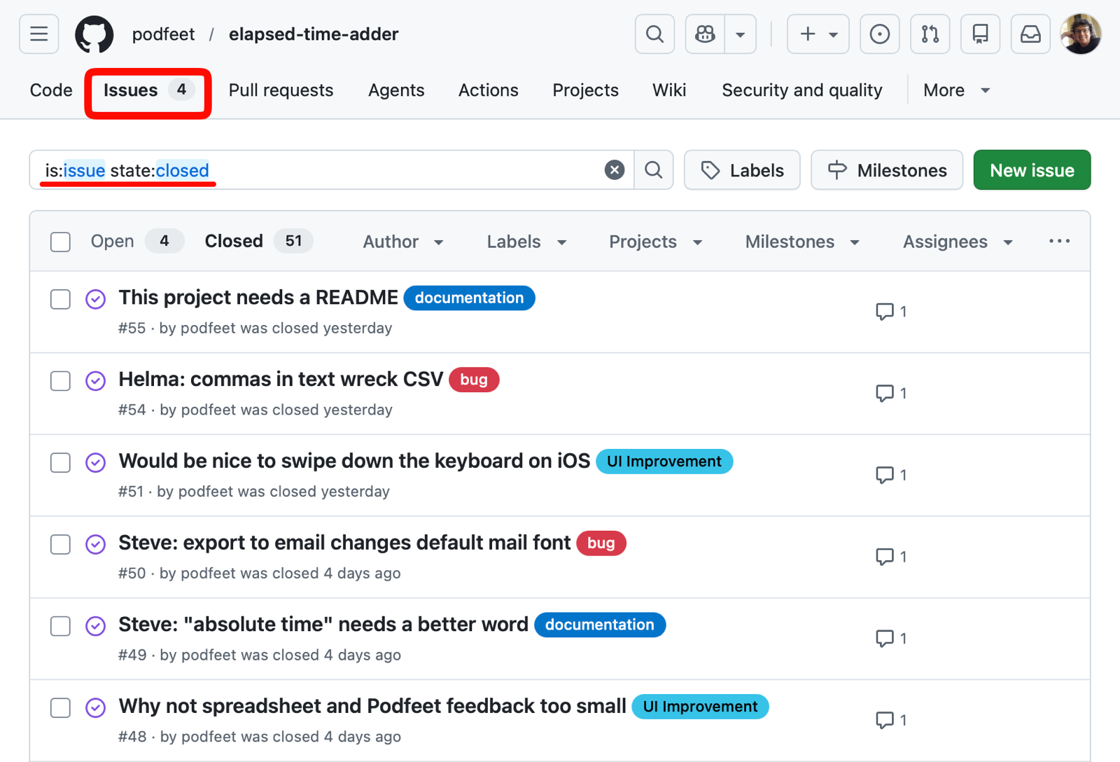 GitHub project showing my closed issues.png GitHub project showing my closed issues.