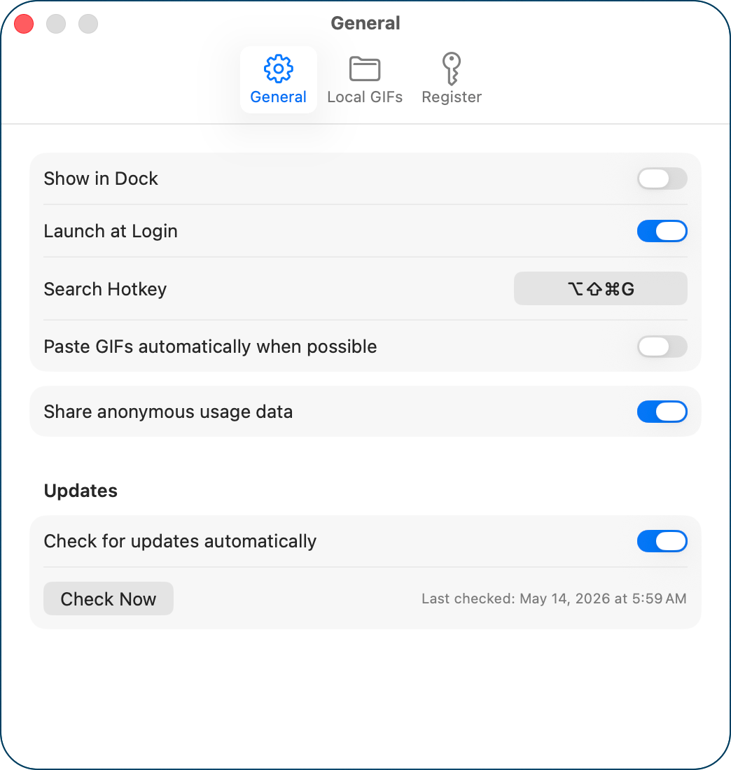 Gnome Settings General tab.