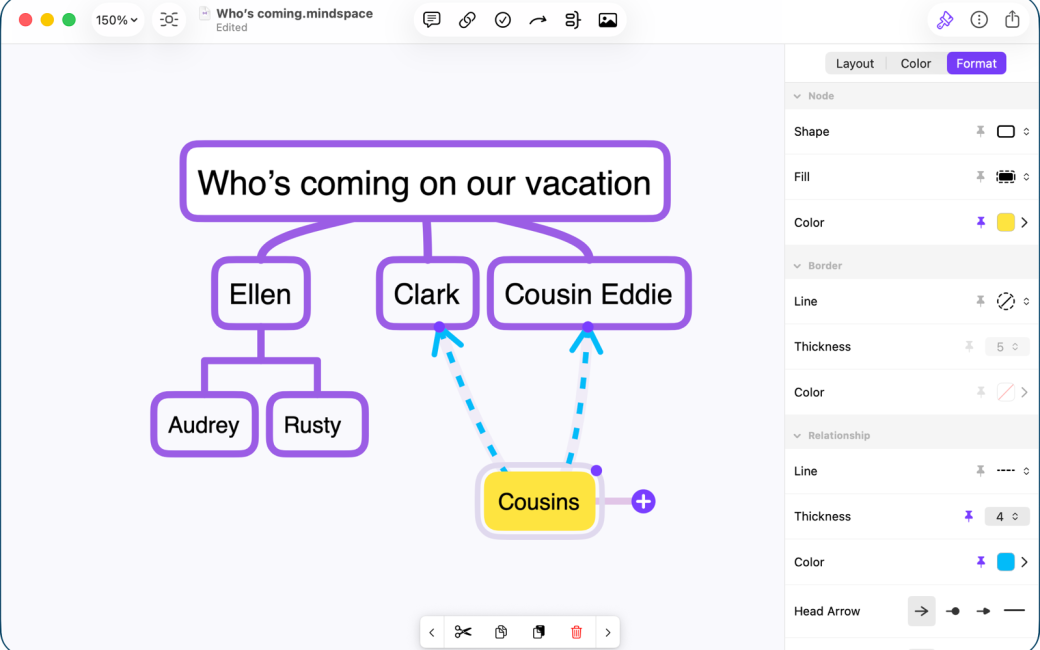 MindSpace screenshot showing relationship arrow between clark and uncle eddie along with controls for formatting