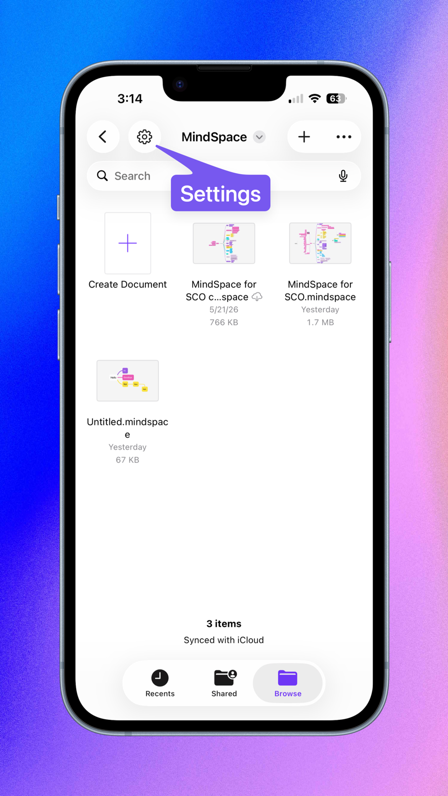MindSpace on iOS showing files interface with arrow to settings.png MindSpace on iOS showing files interface with arrow to settings.