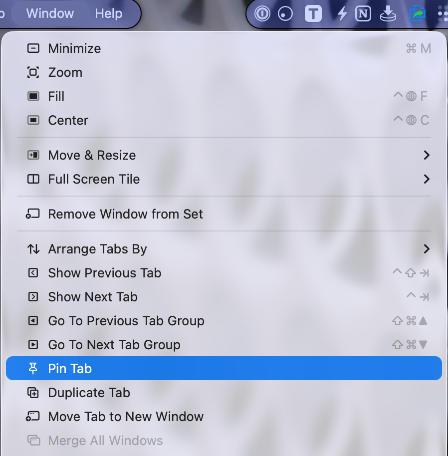Safari Window menu Pin Tab.