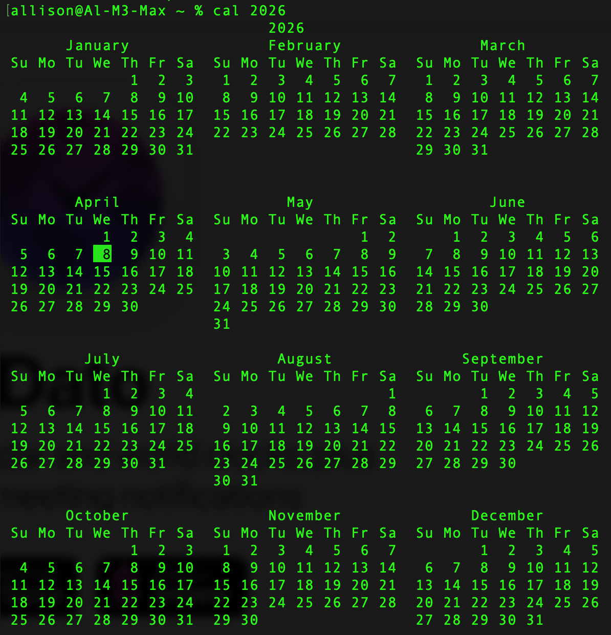 2026 calendar by month in green on black in Terminal.