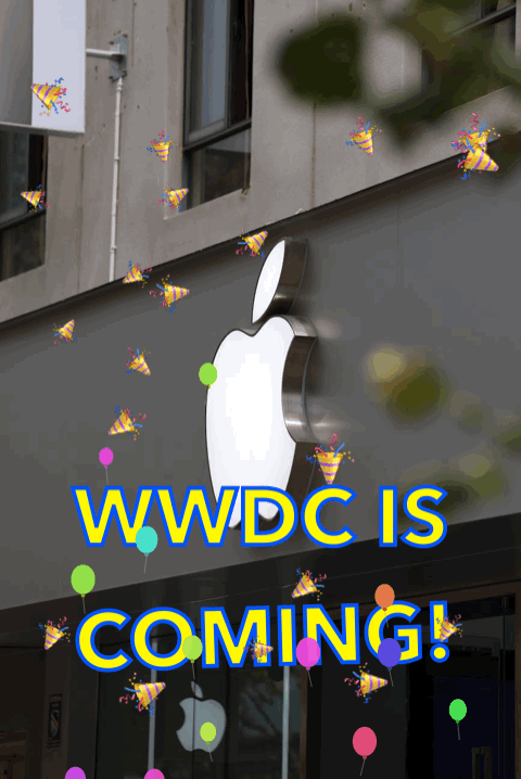GIF showing WWDC is Coming in front of a pic of an Apple Store. Celibratory icons and ballons