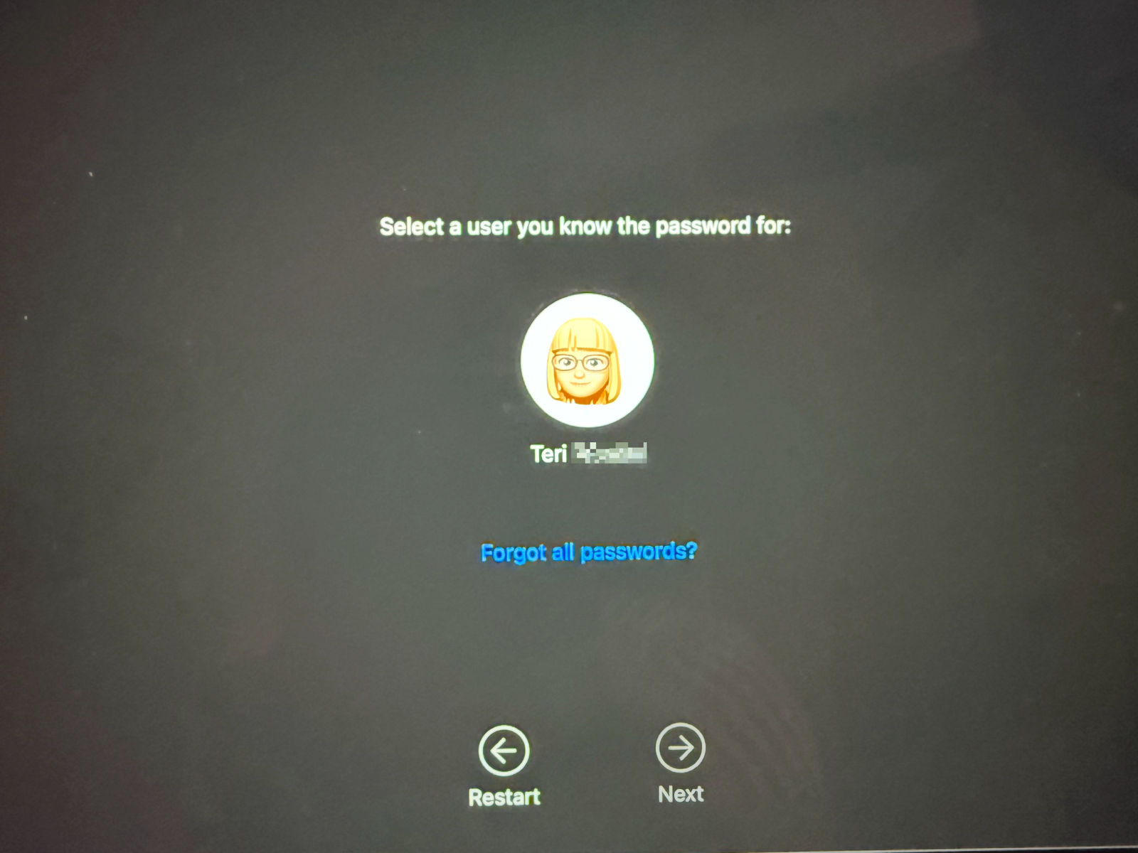 MacOS recovery asking for user you know password for.