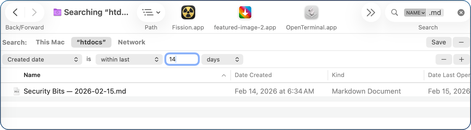 Saved search of htdocs folder files created in last 14 days.