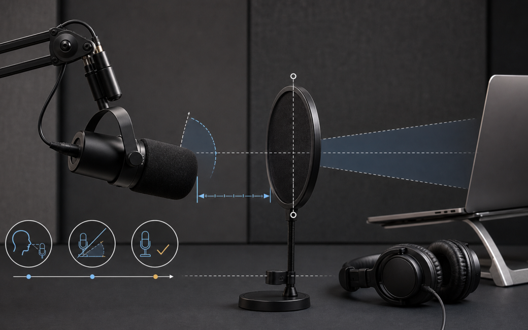 A microphone and pop filter setup with simple distance and angle guide lines showing repeatable microphone placement.