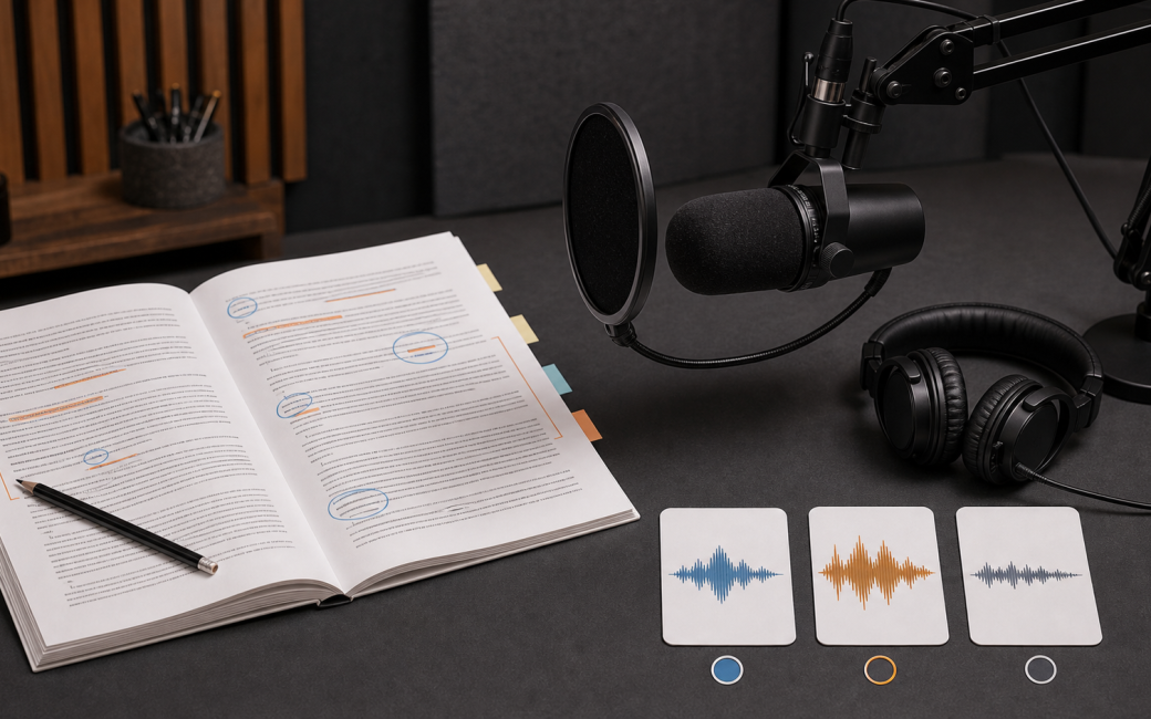 A book open on a table with markings made by a pencil. above the desk is a mic on a boom arm and headphones. Superimposed are three audio waveforms of different colors.