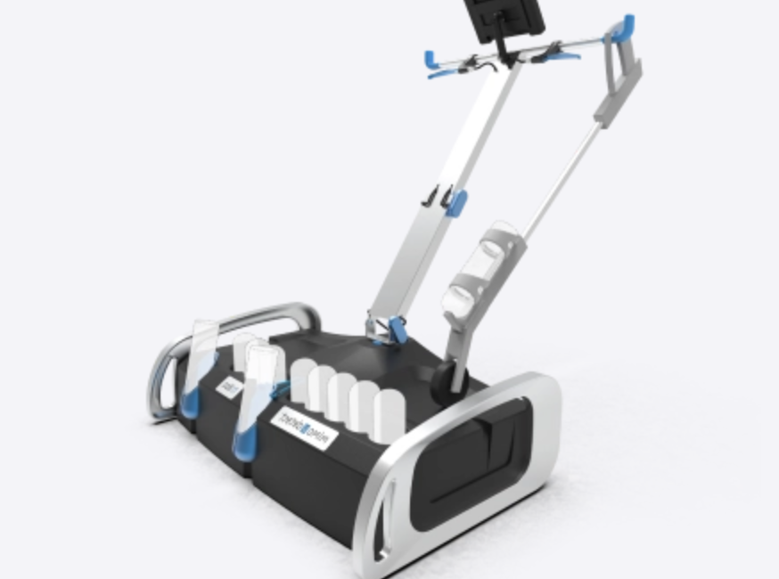 Image of a wheeled ground-penetrating radar device with a black rectangular body, silver protective frame, and an adjustable handle topped with a display screen. Blue accent pieces highlight controls and attachment points. The unit appears designed to be pushed across the ground to detect and map underground utilities in real time.