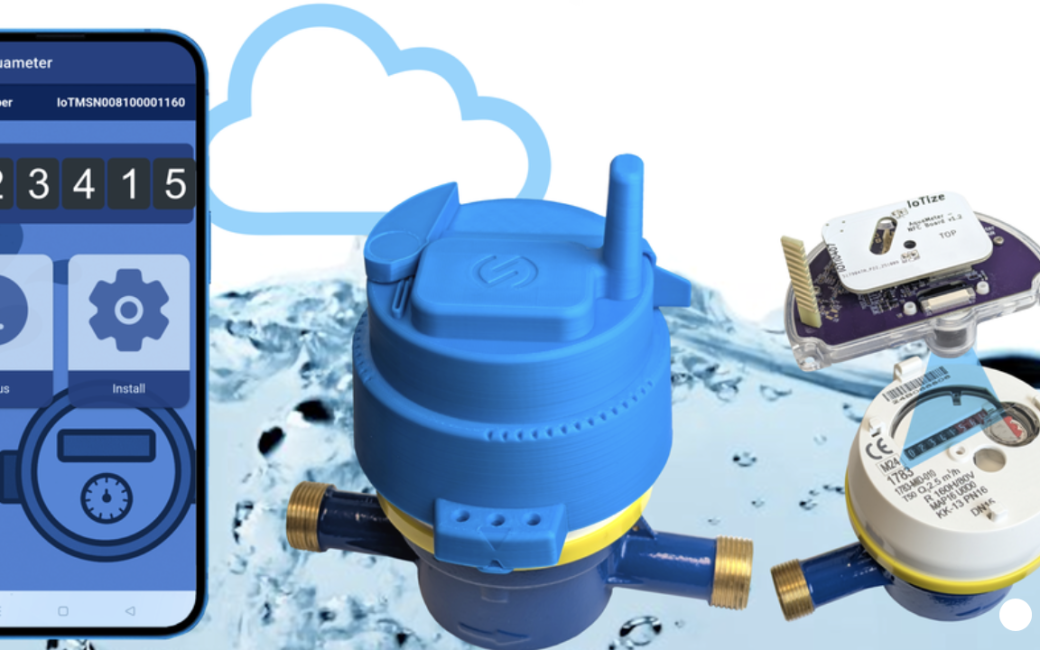 Promotional image for a smart water meter monitoring system. A smartphone on the left displays the “Aquameter” app with a digital water usage reading and status/settings buttons. In the center is a blue wireless cylindrical device that has a small antenna and appears to fit over a standard water meter. On the right is shown a water meter with an electronic circuit over it that appears to be viewing the meter’s readout. The background features a cloud icon, suggesting cloud connectivity and splashing water, emphasizing water usage tracking and remote monitoring.