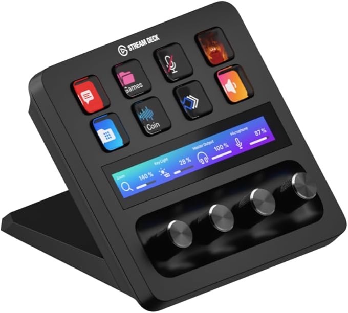 Elgato Stream Deck + on Amazon.jpg Elgato Stream Deck + showing four colorful buttons with different icons and a touch strip with text and four dials below that. the Stream Deck is a box at a nice angle