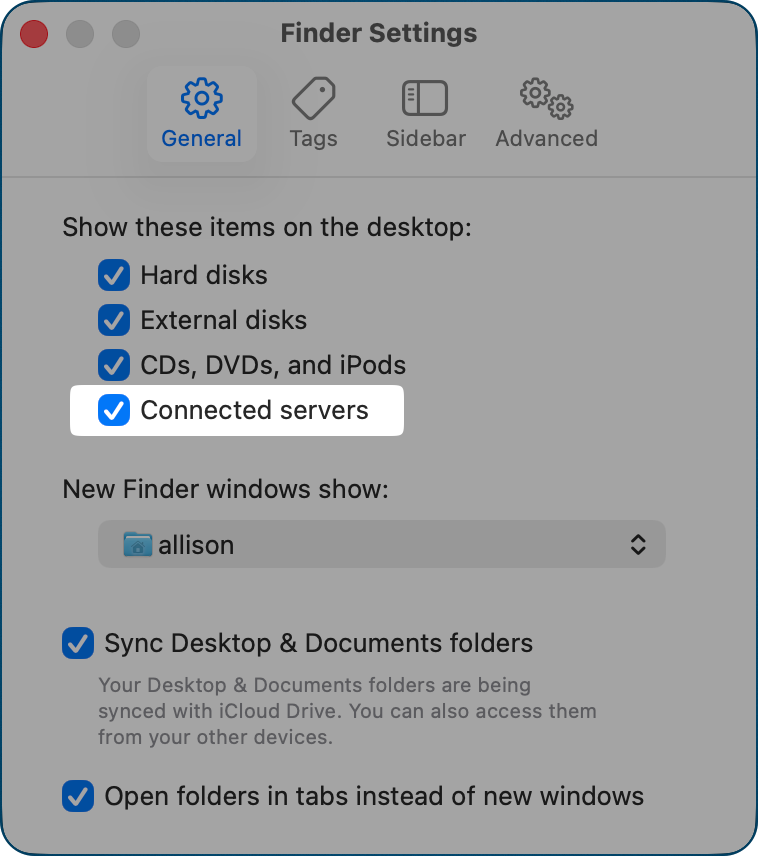 Finder Settings highlighting checkbox to show mounted servers.png Finder Settings highlighting checkbox to show mounted servers.