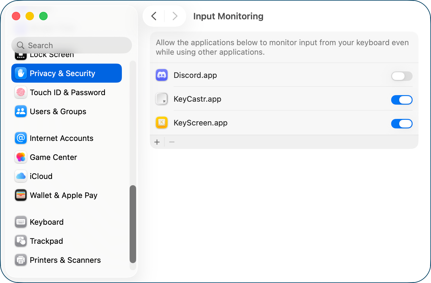 Input monitoring permissions in system settings.