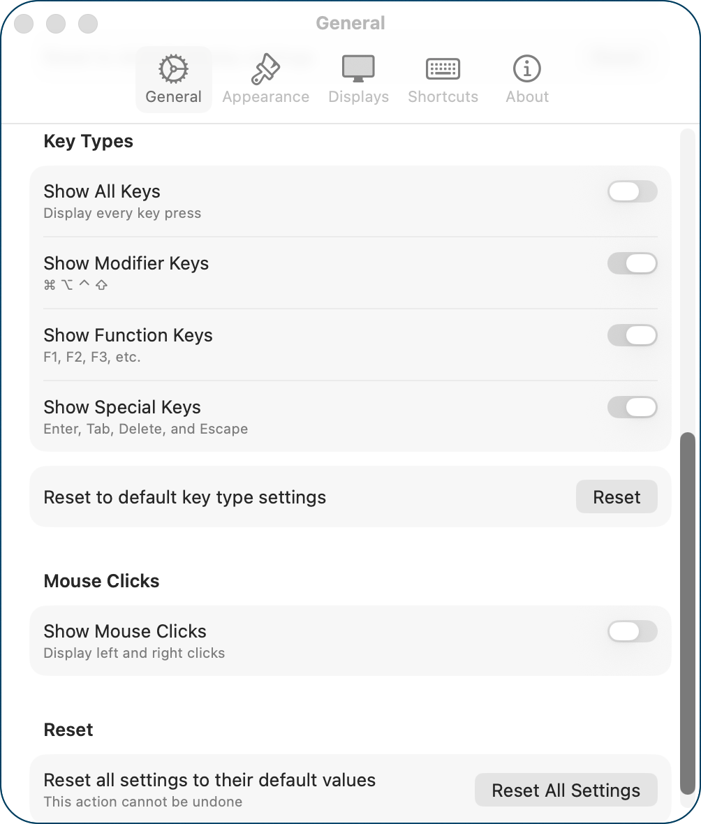 Key Types and Mouse Clicks Settings.