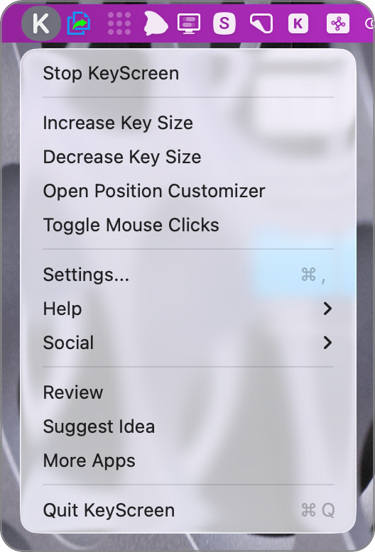 KeyScreen dropdown menu.