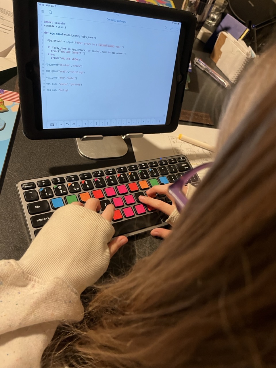 Learning Python on 8 year old iPad.jpeg over the shoulder view of a young girl with an iPad open to Learning Python on 8 year old iPad.