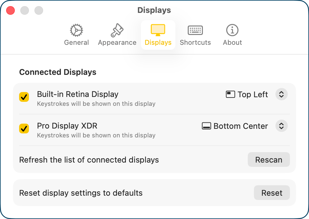 Location of keys by display.