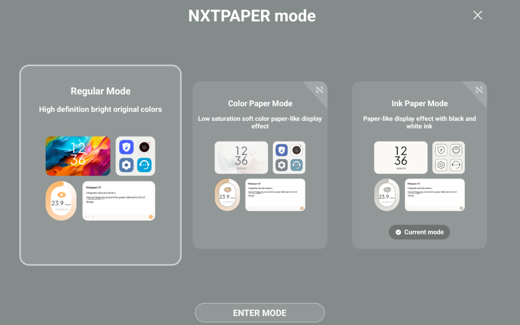 NXTPAPER display modes showing regular, color paper, and ink paper
