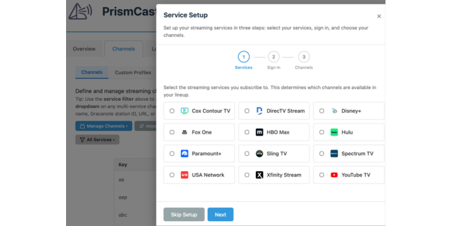 PrismCast web interface showing channels tab with request to choose your tv provider